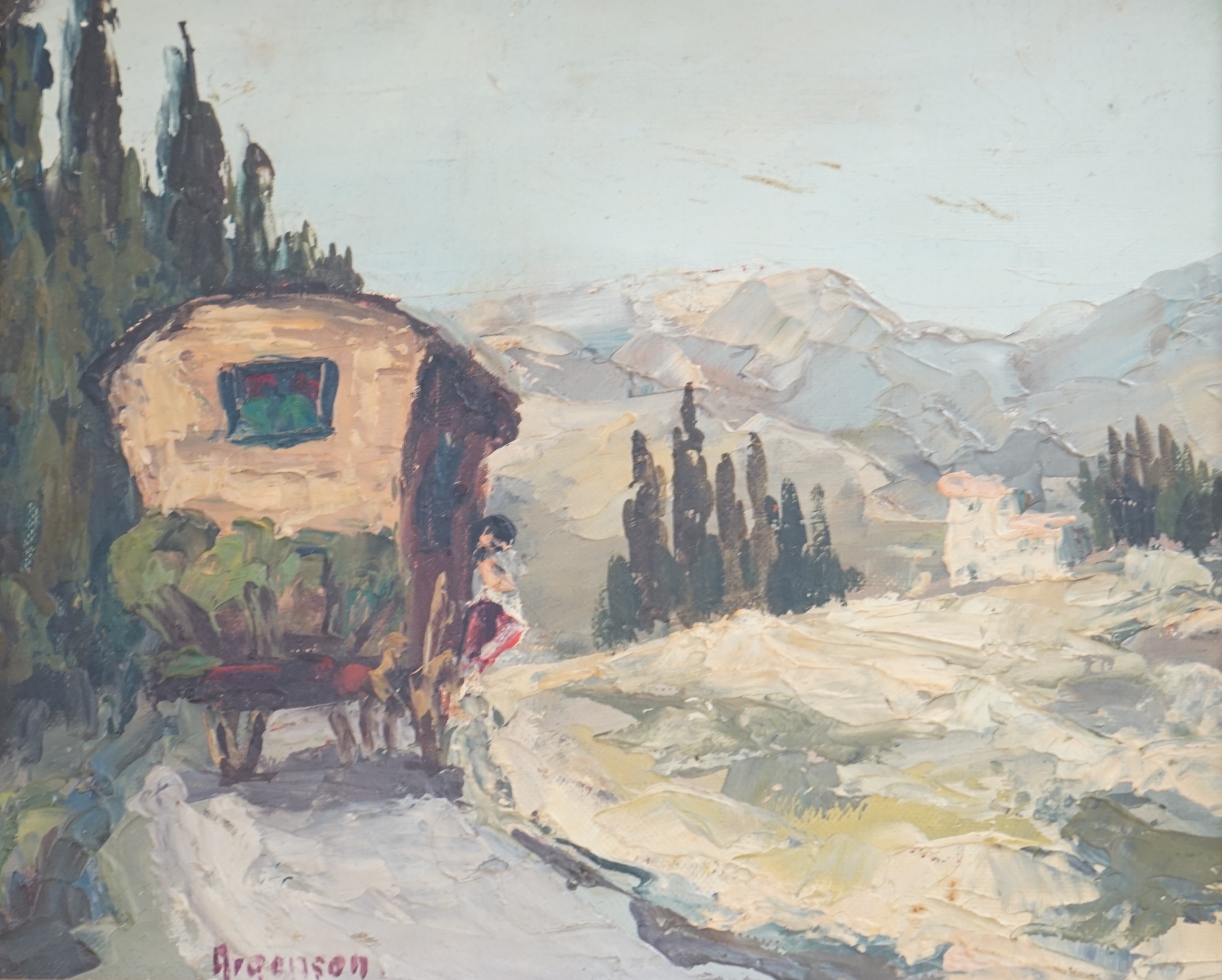 Argenson, oil on canvas board, Mountainous scene with gypsy cart, signed, 20 x 25cm. Condition - fair, would benefit from a clean